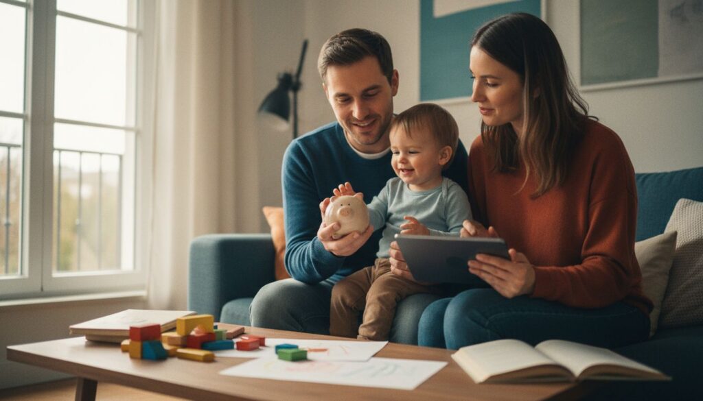 Junge Familie mit Kleinkind beim Gespräch über finanzielle Absicherung im Wohnzimmer