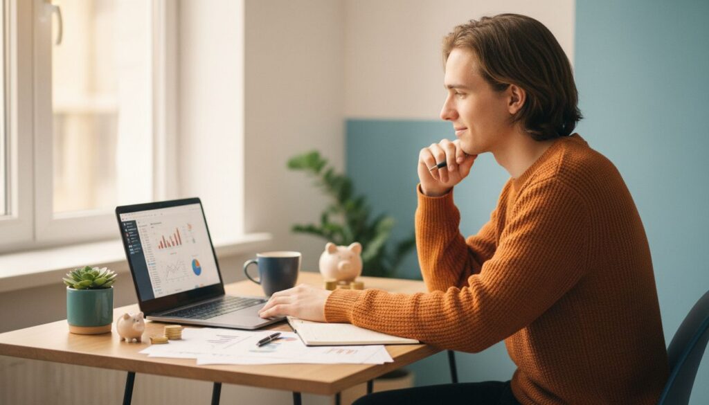 Junger Erwachsener prüft finanzielle Unterlagen vor Laptop am Schreibtisch in heller Wohnung