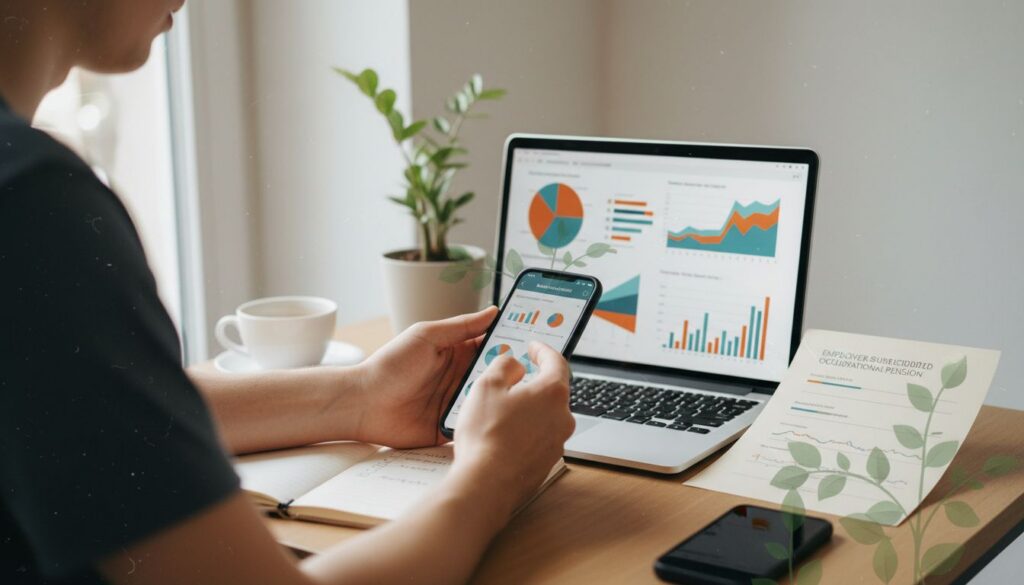 Junger Erwachsener vergleicht ETF-Sparplan und betriebliche Altersvorsorge an Laptop und Smartphone