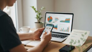 Junger Erwachsener vergleicht ETF-Sparplan und betriebliche Altersvorsorge an Laptop und Smartphone