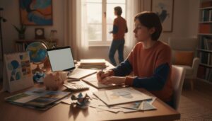 Junger Erwachsener am Schreibtisch plant ein Sabbatical mit Laptop, Kalender, Sparschwein und Reiseunterlagen in warmem Licht