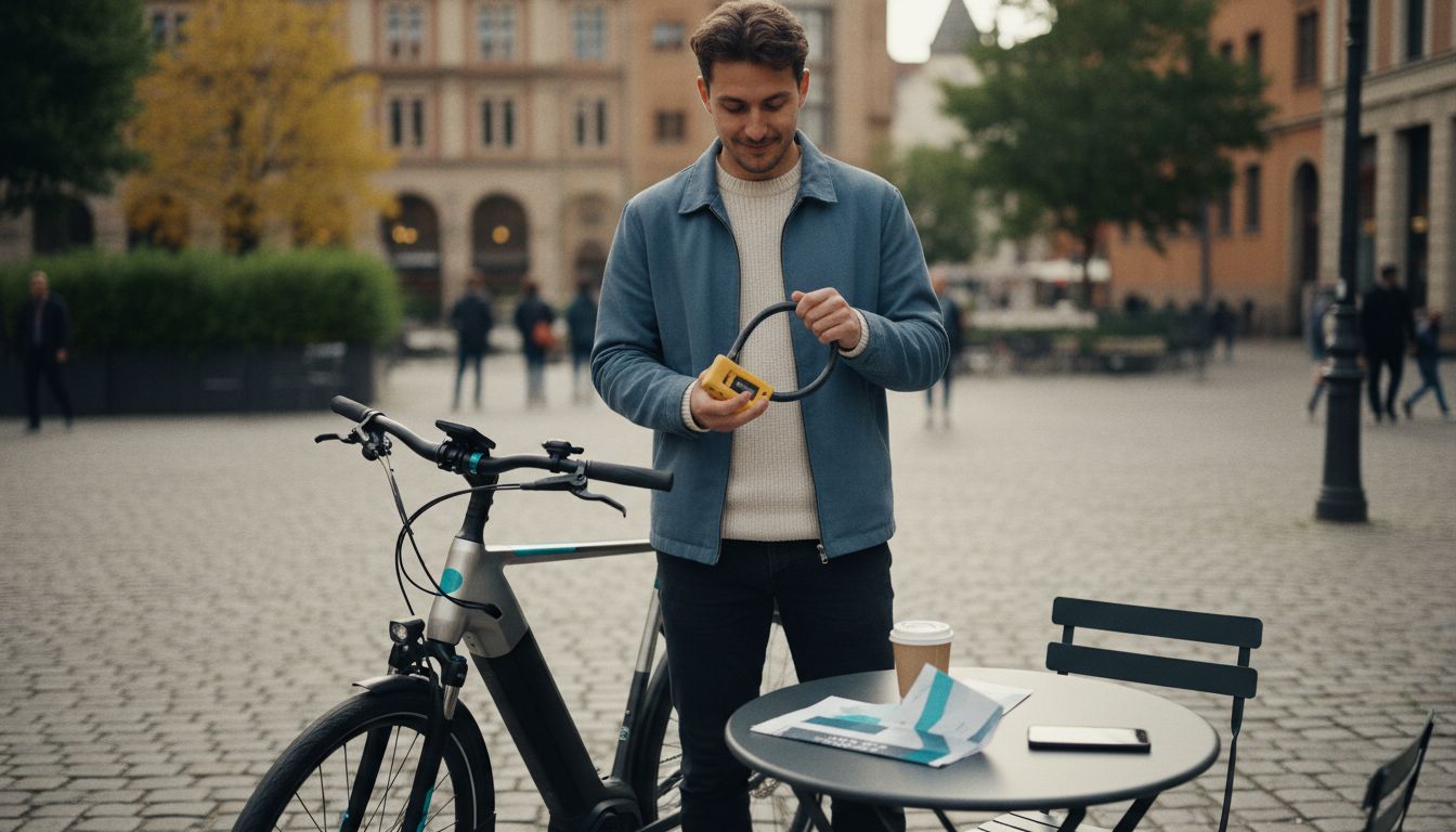 Junger Mann mit E-Bike und Schloss in urbaner Umgebung mit Versicherungsmaterialien auf Tisch