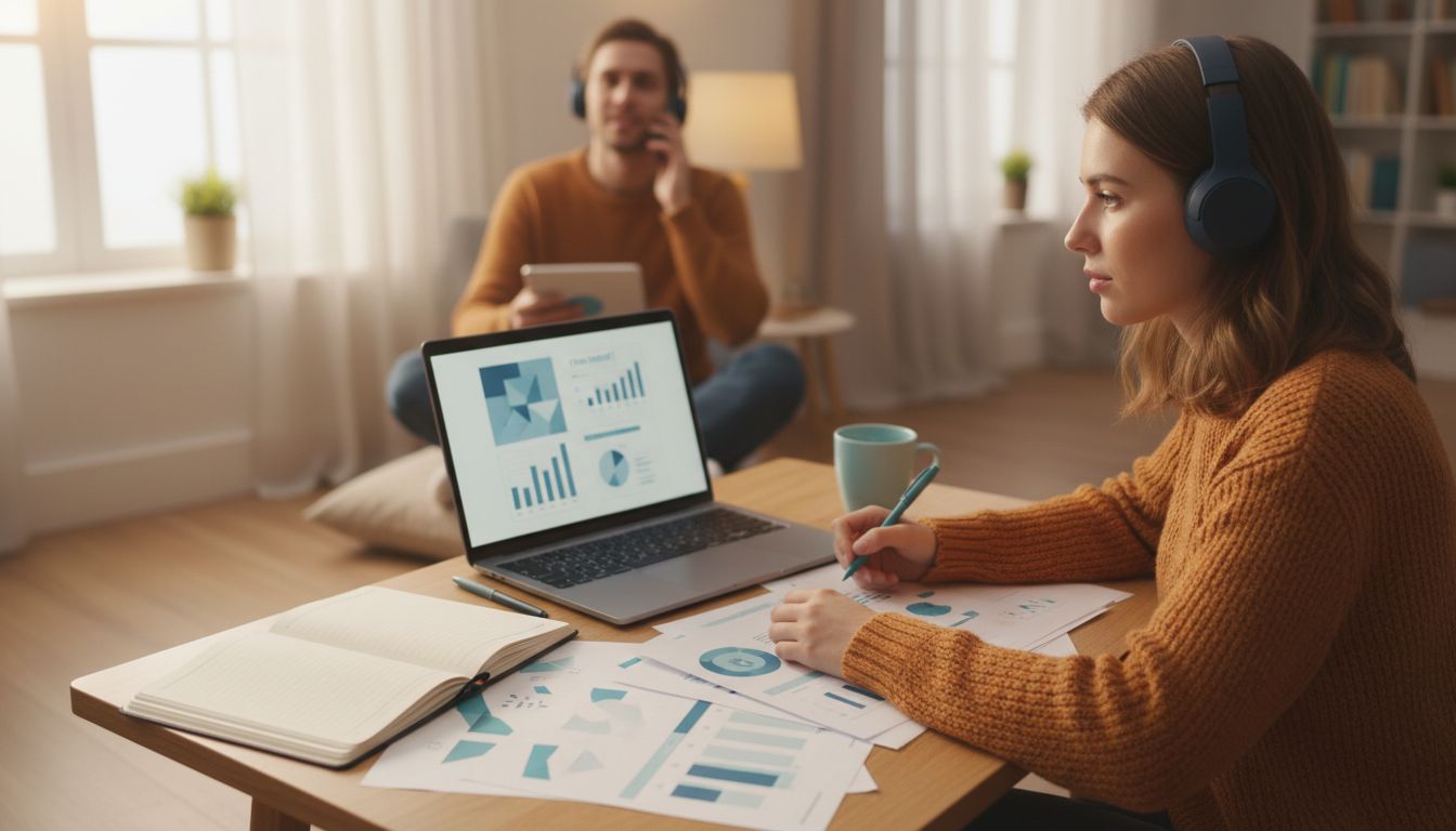 Junge Erwachsene am Tisch mit Laptops und Dokumenten zum Thema Versicherung