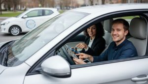 Junger Fahrer im Beratungsgespräch zur Kfz-Versicherung im Auto