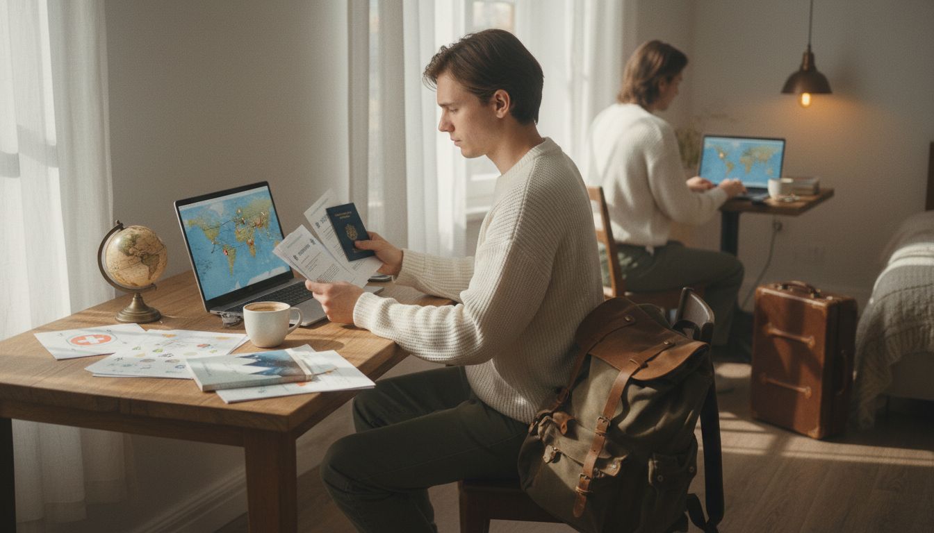 Junger Erwachsener plant Langzeitreise am Arbeitsplatz mit Versicherungsunterlagen und Reisezubehör