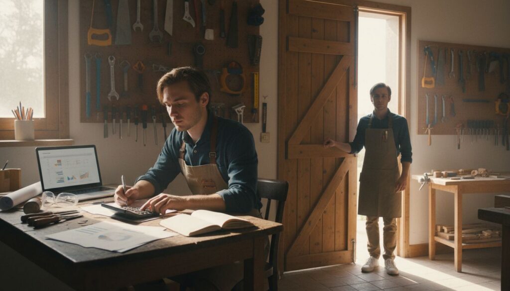 Junger Erwachsener am Schreibtisch mit Plänen und Laptop, im Hintergrund eine Werkstatt