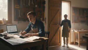 Junger Erwachsener am Schreibtisch mit Plänen und Laptop, im Hintergrund eine Werkstatt