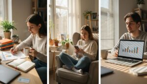 Young adult budgeting finances at a cozy desk with charts, coffee, and financial apps