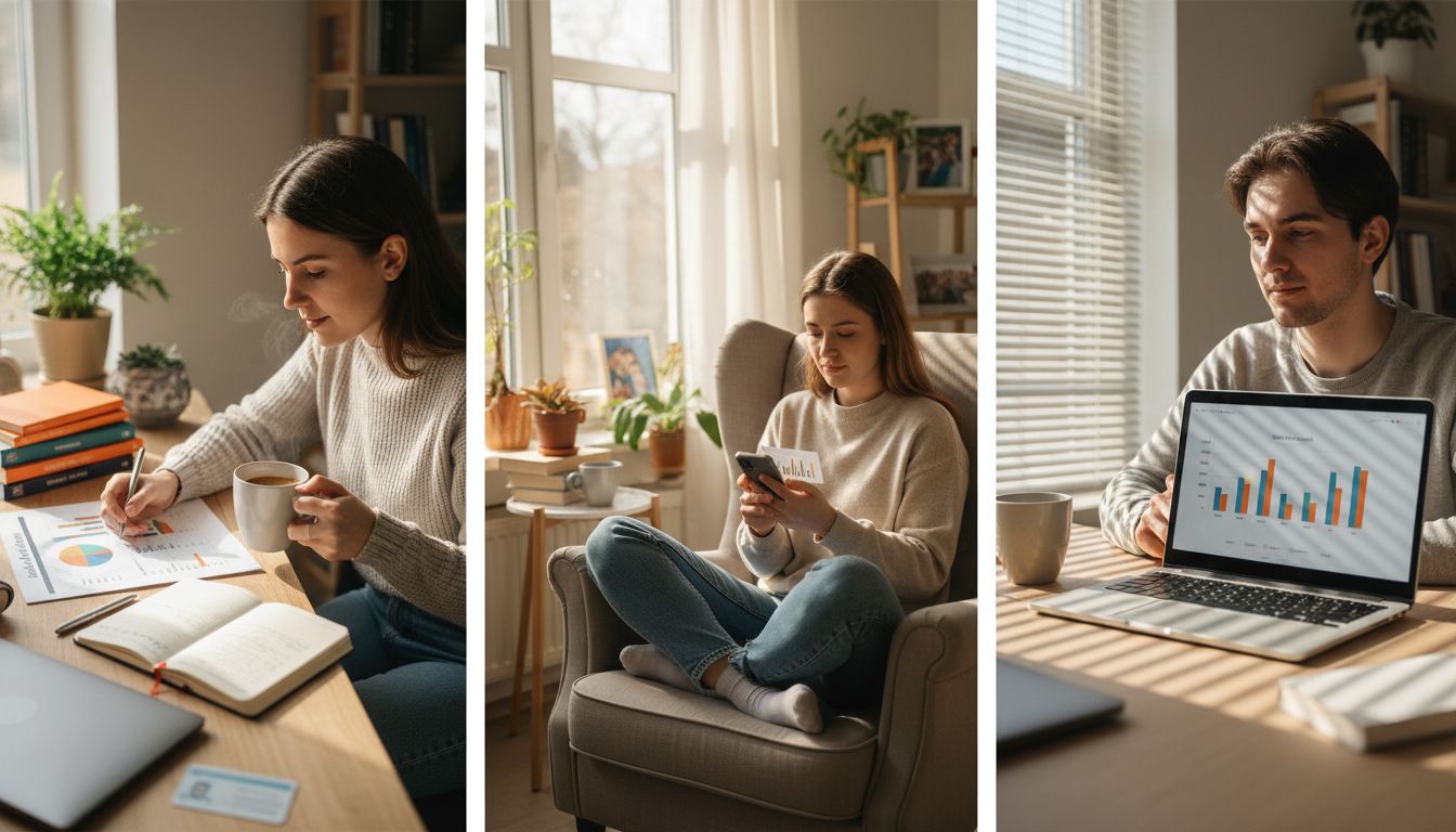 Young adult budgeting finances at a cozy desk with charts, coffee, and financial apps