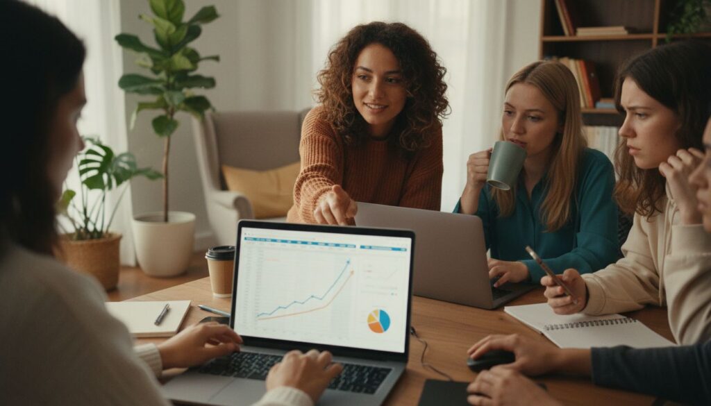 Junge Frauen diskutieren Finanzplanung in heller, gemütlicher Umgebung