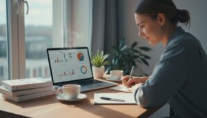 Junger Erwachsener richtet ETF-Sparplan am Laptop zuhause ein, umgeben von Kaffee, Pflanzen und Notizbuch