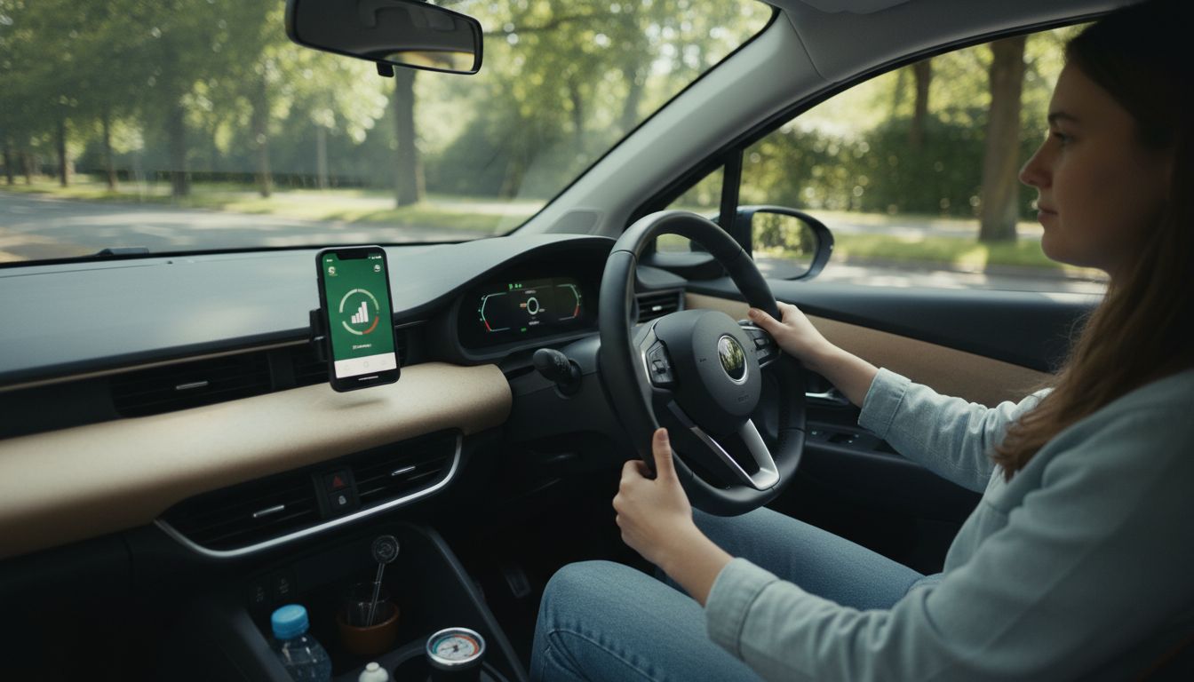 Junge Autofahrerin fährt in baumreicher Wohngegend bei Tageslicht und nutzt eine Eco-Fahrstil-App