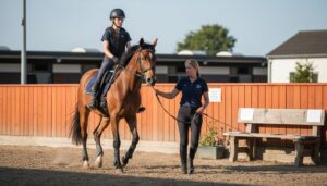 Junge Erwachsene lernt unter Anleitung in sicherer Reitschule Reiten