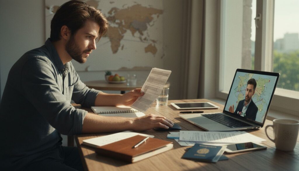 Junger Erwachsener plant Auslandsaufenthalt an Schreibtisch mit Laptop und Dokumenten