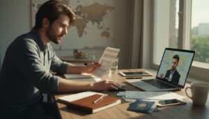 Junger Erwachsener plant Auslandsaufenthalt an Schreibtisch mit Laptop und Dokumenten