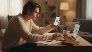 Junger Erwachsener sitzt an einem Tisch, überprüft Dokumente mit Laptop und Smartphone, fokussiert und nachdenklich in einem gemütlich beleuchteten Raum