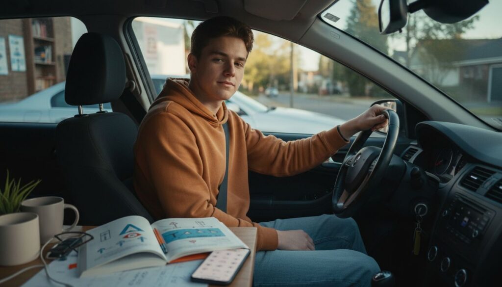 Junger Erwachsener bereitet sich am Schreibtisch mit Lernmaterialien und Fahrschul-App konzentriert auf die Führerscheinprüfung vor