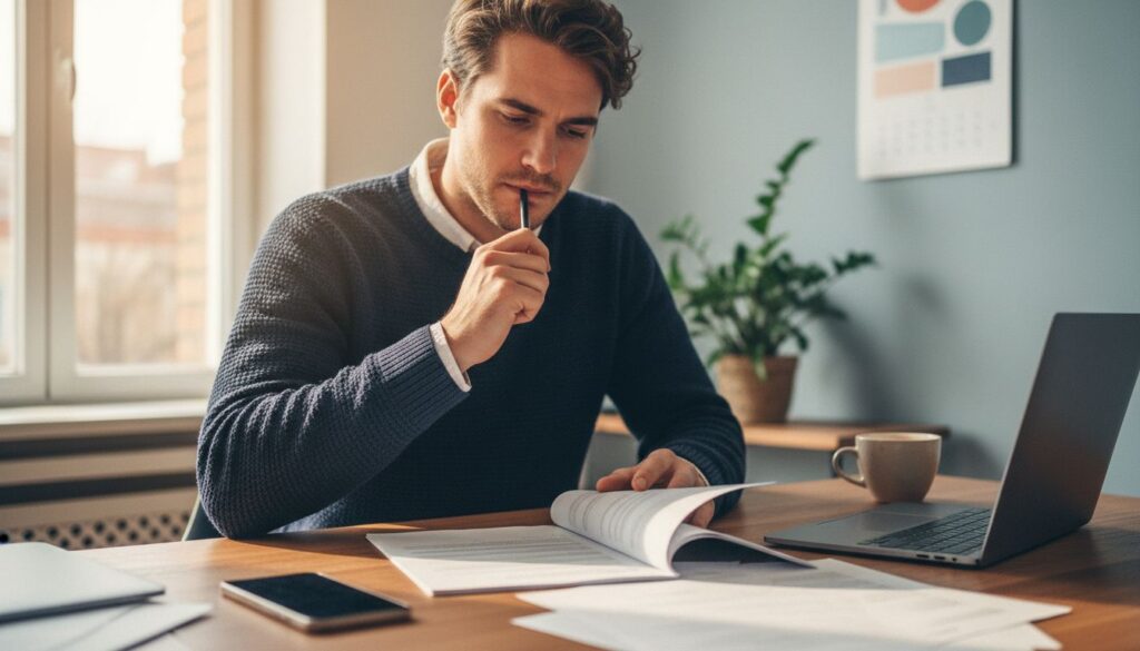 Junger Erwachsener am Schreibtisch beim Studium rechtlicher Unterlagen in gemütlichem Homeoffice