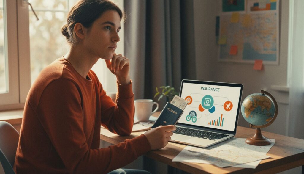 Junger Erwachsener am Schreibtisch mit Laptop und Reisepass beim Vergleich von Auslandskrankenversicherungen