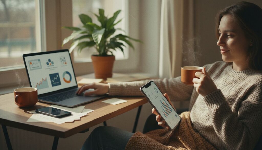 Junge Erwachsene entspannt beim Investieren mit Laptop, Smartphone und Kaffee