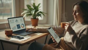 Junge Erwachsene entspannt beim Investieren mit Laptop, Smartphone und Kaffee