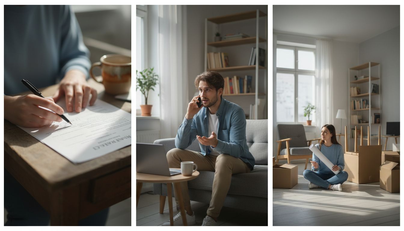 Junger Erwachsener überprüft konzentriert Mietvertrag in moderner, gemütlicher Wohnung