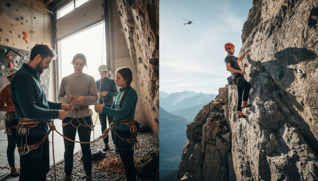 Kletterkurs im Indoorbereich und Outdoor-Kletterer mit Helikopter im Hintergrund
