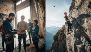 Kletterkurs im Indoorbereich und Outdoor-Kletterer mit Helikopter im Hintergrund