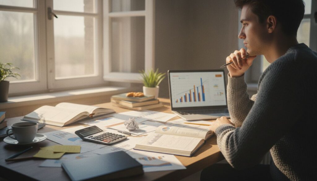 Junger Erwachsener plant Finanzen mit Dokumenten und Laptop am Schreibtisch