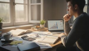 Junger Erwachsener plant Finanzen mit Dokumenten und Laptop am Schreibtisch