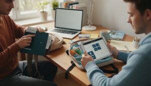 Zwei junge Erwachsene bereiten sich am Schreibtisch mit Reiseunterlagen und Checklisten auf eine Reise vor