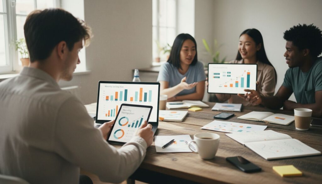 Junger Erwachsener arbeitet an Laptop mit Finanzdiagrammen zur Vermögensplanung in sonnenbeschienener Umgebung