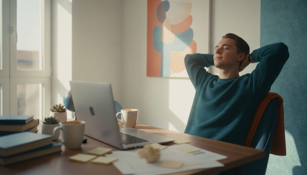 Junger Erwachsener entspannt an einem modernen Schreibtisch im Homeoffice