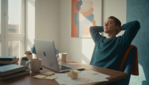 Junger Erwachsener entspannt an einem modernen Schreibtisch im Homeoffice