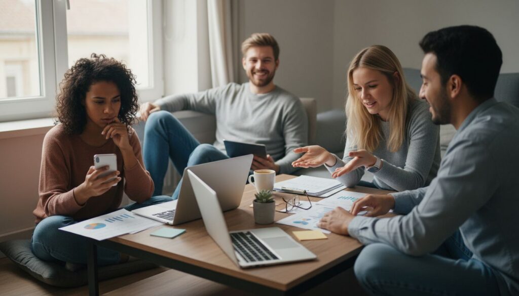 Junge Erwachsene diskutieren Finanzen rund um einen Tisch