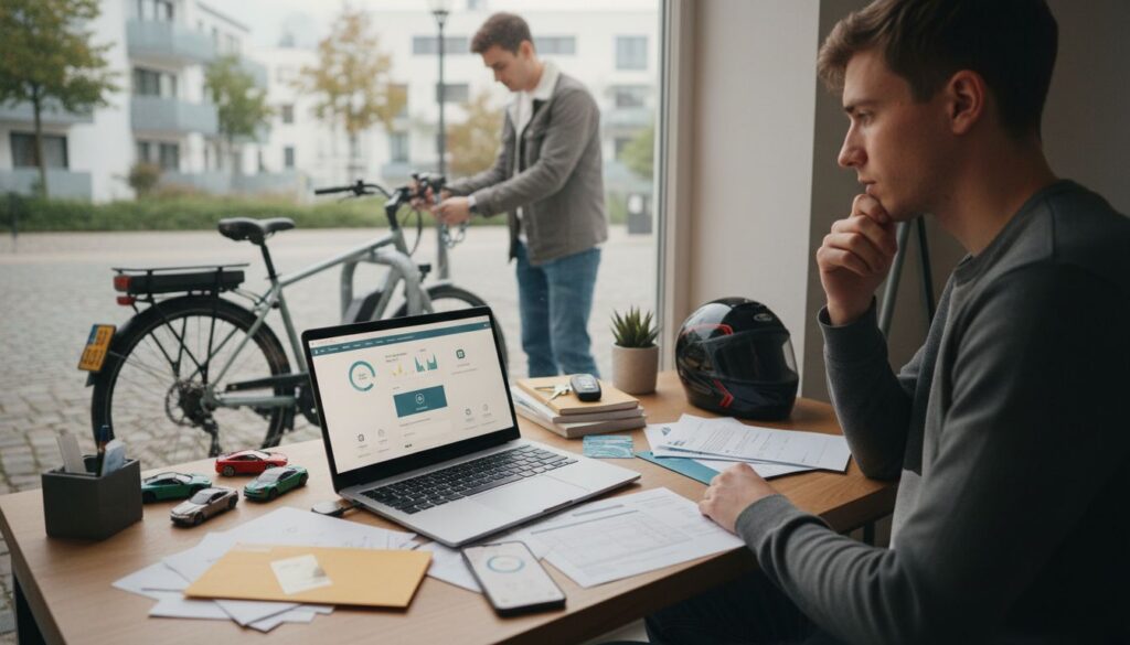 Junger Fahrer am Schreibtisch recherchiert Kfz-Versicherungen, während ein anderer draußen ein E-Bike abschließt