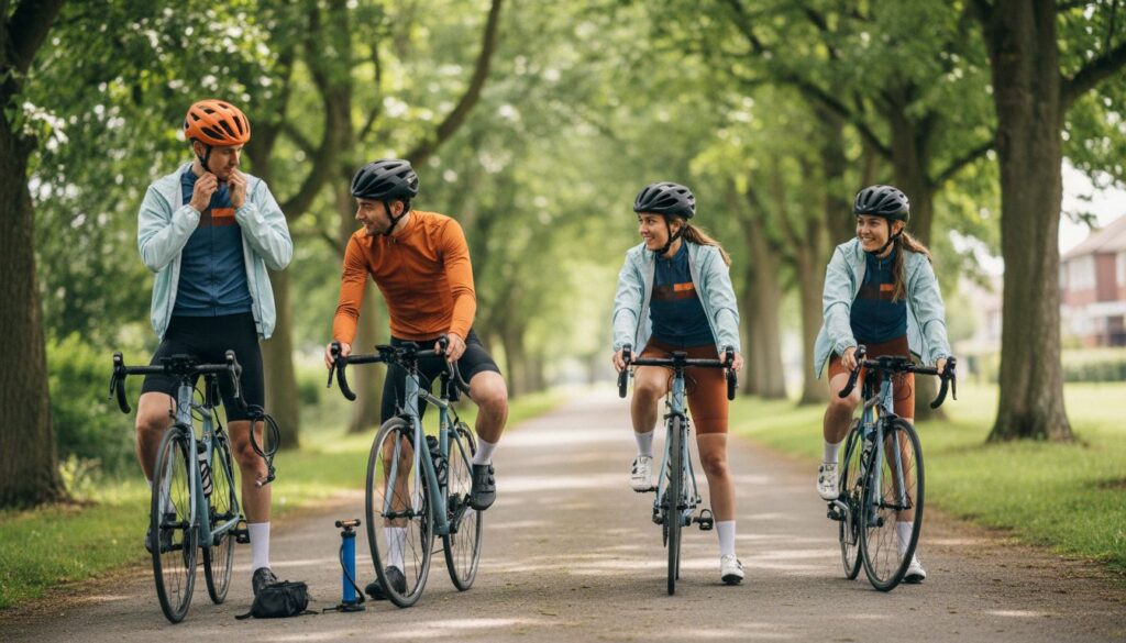 Gruppe junger Erwachsener bereitet sich auf eine Rennradtour in einem grünen Park vor