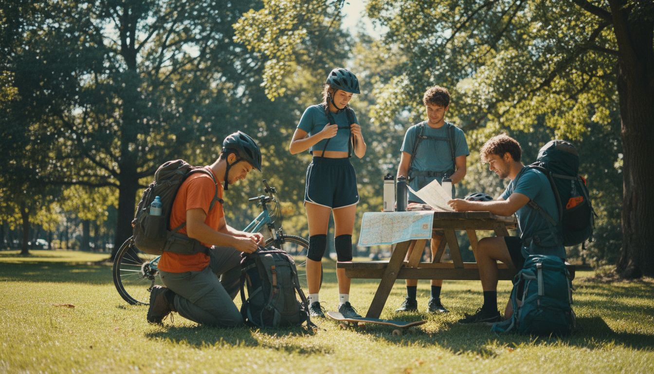 Junge Erwachsene bereiten sich in einem sonnigen Park auf Freizeitaktivitäten vor, mit Rucksäcken, Karten und Fahrradausrüstung