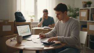 Junger Erwachsener überprüft Versicherungsunterlagen am Schreibtisch mit Laptop in gemütlicher Wohnung