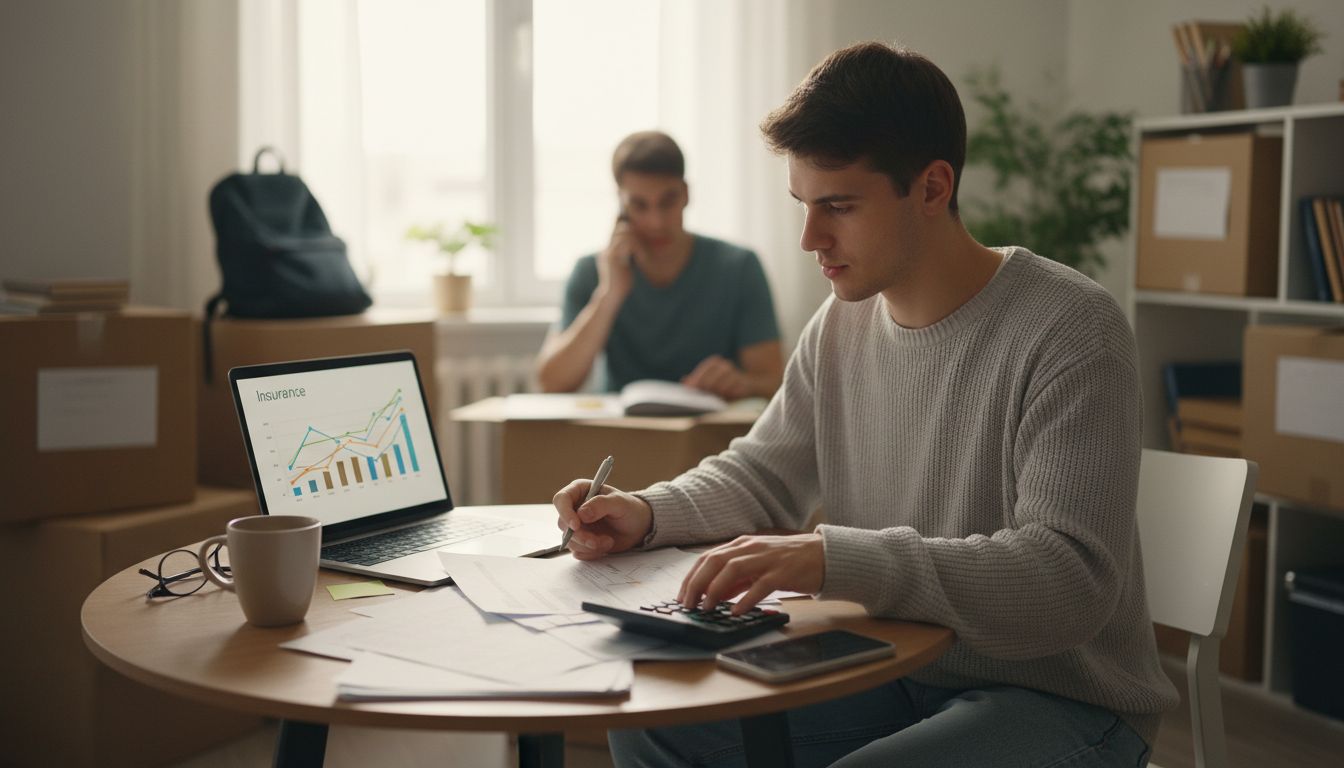 Junger Erwachsener überprüft Versicherungsunterlagen am Schreibtisch mit Laptop in gemütlicher Wohnung