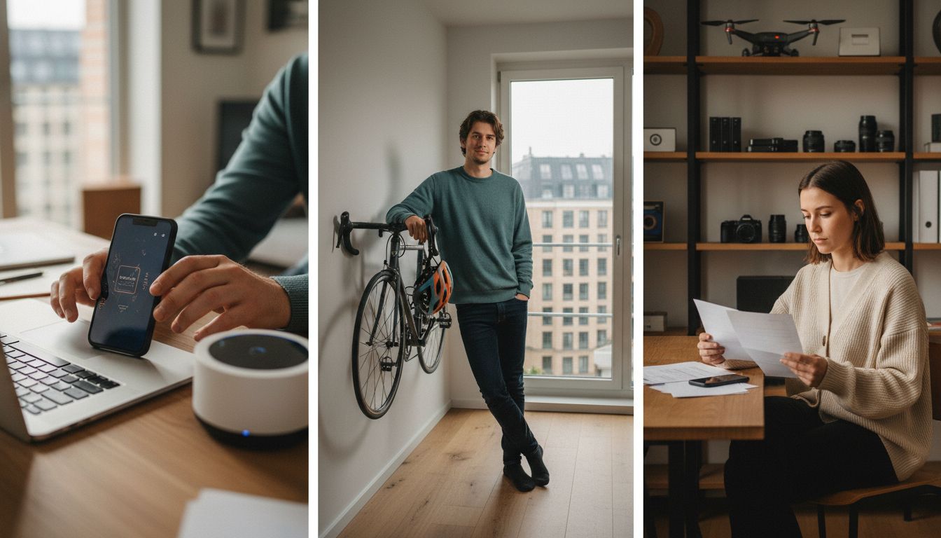 Junger Erwachsener richtet erste Wohnung mit Fahrrad, Laptop und Smartphone ein, helle moderne Atmosphäre
