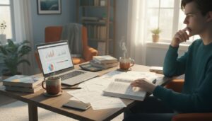 Junger Erwachsener bei Steuerplanung am Schreibtisch mit Laptop und Unterlagen