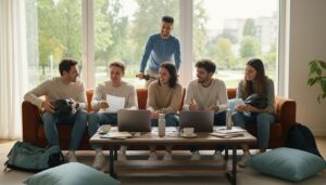 Junge Erwachsene in einem modernen Wohnzimmer besprechen Reisepläne und Versicherungen