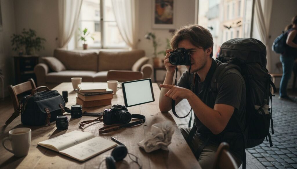 Junger europäischer Erwachsener mit Kameraausrüstung plant Fotografie-Hobby am Tisch mit Laptop und Notizen
