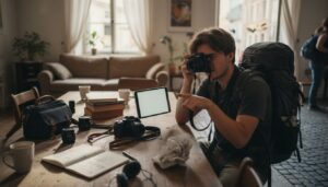 Junger europäischer Erwachsener mit Kameraausrüstung plant Fotografie-Hobby am Tisch mit Laptop und Notizen