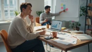 European young adult in a cozy, modern home office setting, surrounded by study materials, laptop, and paperwork spread out on a small wooden desk, natural soft daylight filtering through a window casting gentle shadows, thoughtful and motivated expression while sketching a business plan