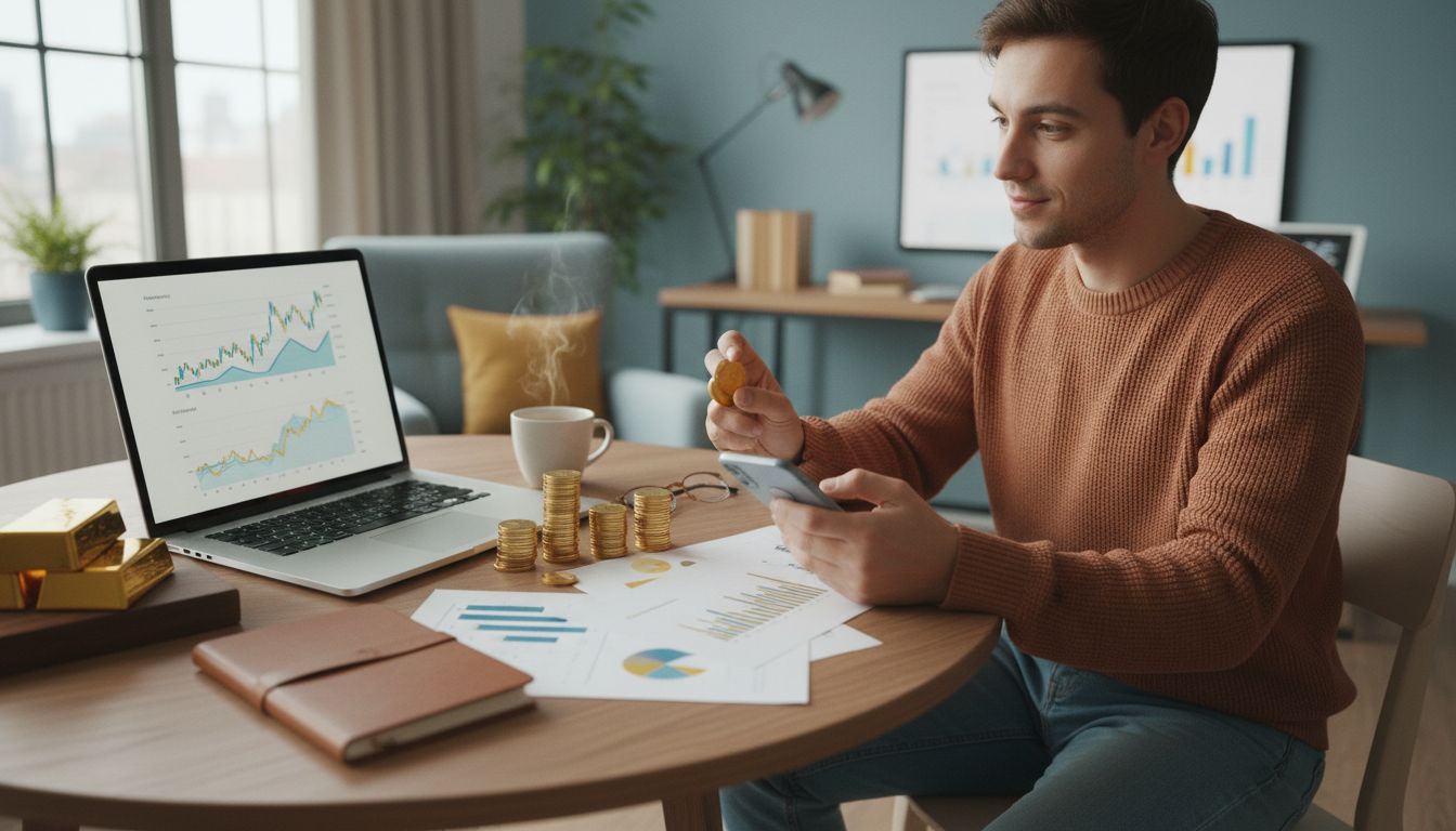 Junger Erwachsener investiert zuhause in physisches Gold neben Laptop mit Finanzdaten