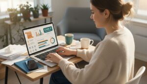 Junge Europäerin macht mit Laptop ihre Steuererklärung in gemütlichem Homeoffice