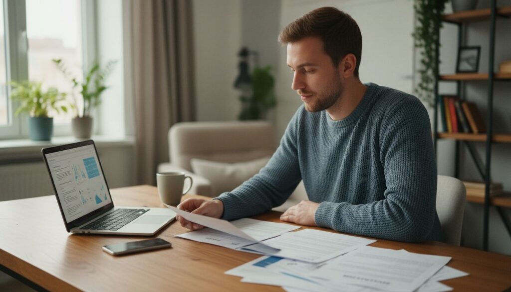 Junger Erwachsener am Schreibtisch prüft konzentriert Versicherungsunterlagen