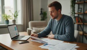 Junger Erwachsener am Schreibtisch prüft konzentriert Versicherungsunterlagen